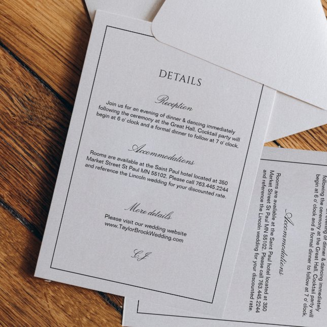 Classy Calligraphy Black and White Wedding Details Tilläggskort (Skapare uppladdad)