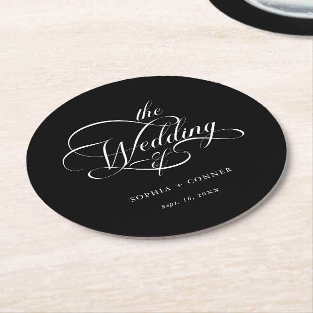 Classy Calligraphy Bröllop Black Underlägg Papper Rund (Vinklad)