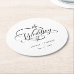 Classy Calligraphy Bröllop Black & White Underlägg Papper Rund<br><div class="desc">Enkel papper underlägg i svart och vitt bröllop har elegant,  romantisk kalligrafisk text med text. Om du vill ha en mer avancerad anpassning av den här designen klickar du på BLUE DESIGN VERKTYG ovan!</div>