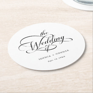 Classy Calligraphy Bröllop Black & White Underlägg Papper Rund