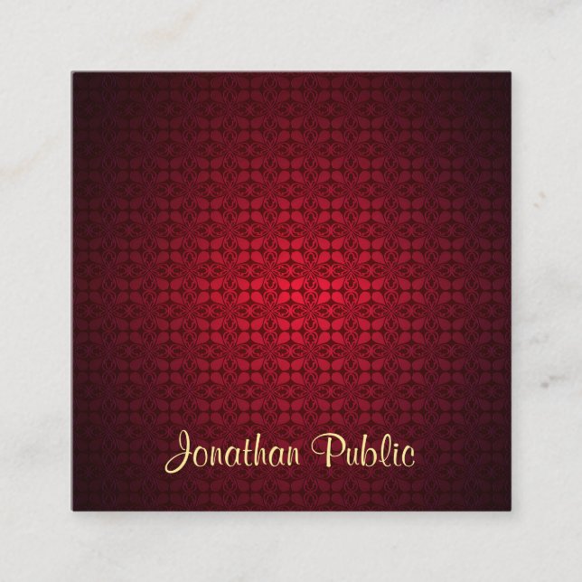 Classy Calligraphy Script Namn Elegant Red Damask Fyrkantigt Visitkort (Framsida)