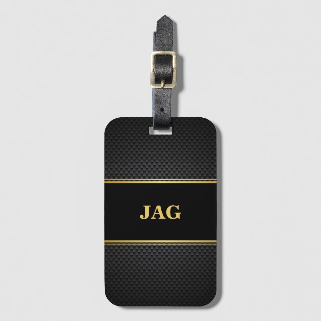 Classy Carbon Black & Gold Monogrammed Bagagebricka (Framsida vertikal)
