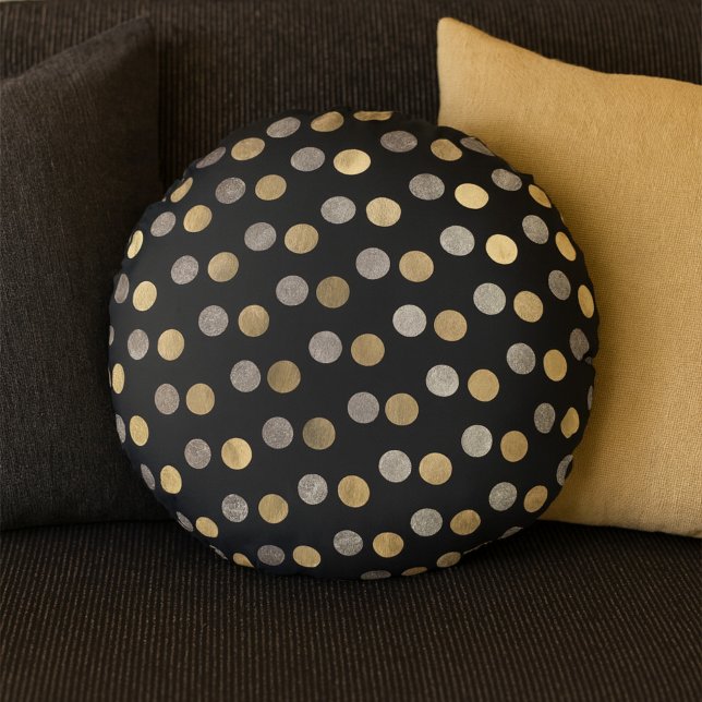 Classy Charcol Silver Guld Polka dots Round Grått Rund Kudde (Skapare uppladdad)
