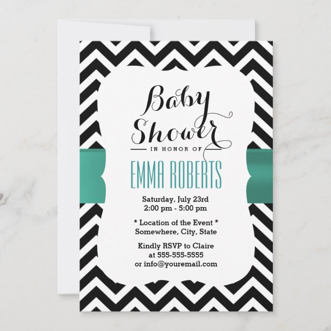 Classy Chevron Rand Teal Ribbon Baby Shower Inbjudningar (Framsida)