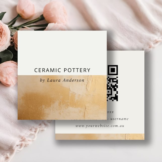 Classy Chic Beige Guld Oil Paint Struktur QR-kod Fyrkantigt Visitkort (Skapare uppladdad)