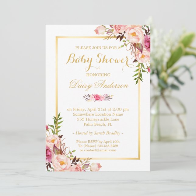 Classy Chic Blommigt Golden Ram Baby Shower Inbjudningar (Stående Fram)