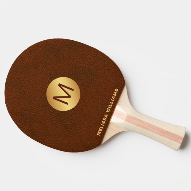 Classy Chic Faux Brown Leather & Guld Initial Namn Pingisracket (Sidan)