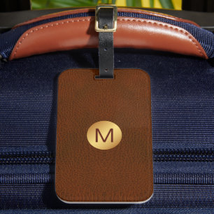 Classy Chic Faux Brown Leather & Guld Monogram Bagagebricka