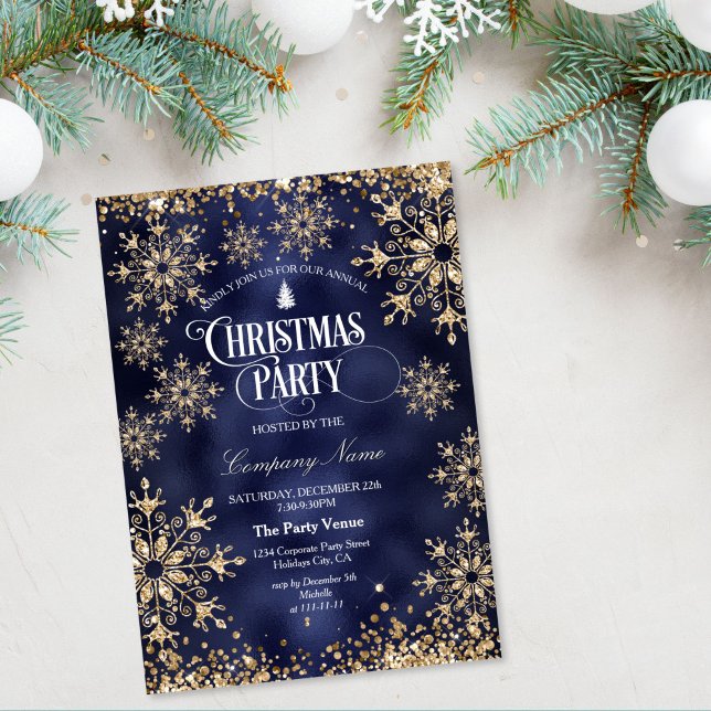 Classy Chic Gold Glitter Corporate Christmas Party Inbjudningar (gold glitter christmas tree on the navy blue background christmas party invitation)