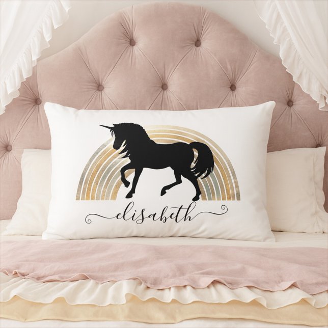 Classy Chic Luxury Black och Guld Rainbow Unicorn Lumbarkudde (Skapare uppladdad)