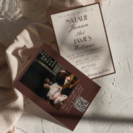 Classy Chocolate Brown Fancy Photo QR Code Wedding Inbjudningar
