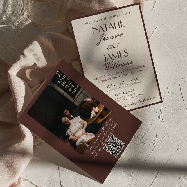 Classy Chocolate Brown Fancy Photo QR Code Wedding Inbjudningar (Skapare uppladdad)