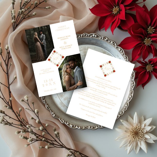 Classy Christmas Wedding Floral Wreath 2-Photo Spara Datumet (Classy Charming Christmas Wedding Floral Wreath 2 Photos Save the Dates Cards with Initials.)
