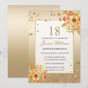 Classy Confetti & Corner Flowers 18:e födelsedagen Inbjudningar