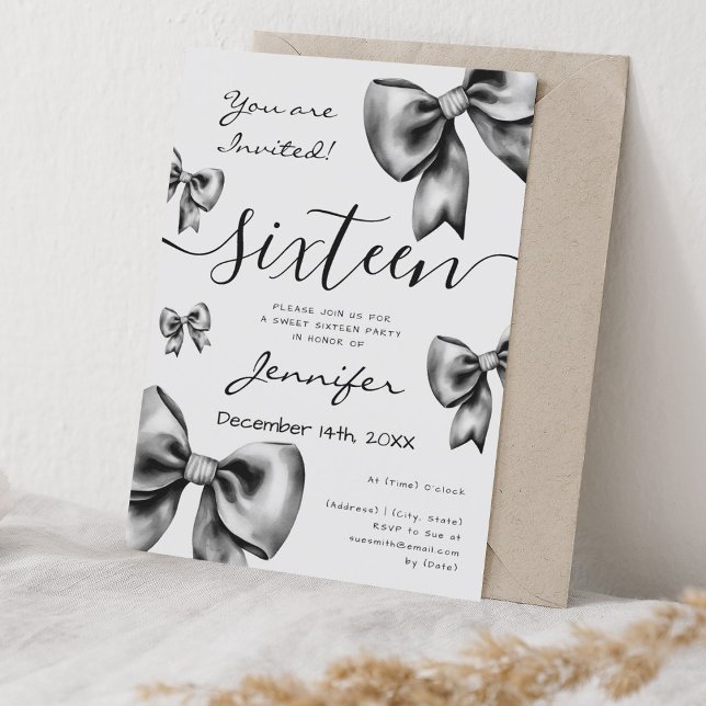 Classy Coquette Black Bow Sweet 16 Party Inbjudningar (Classy Coquette Black Bow Sweet 16 Party Invitation)