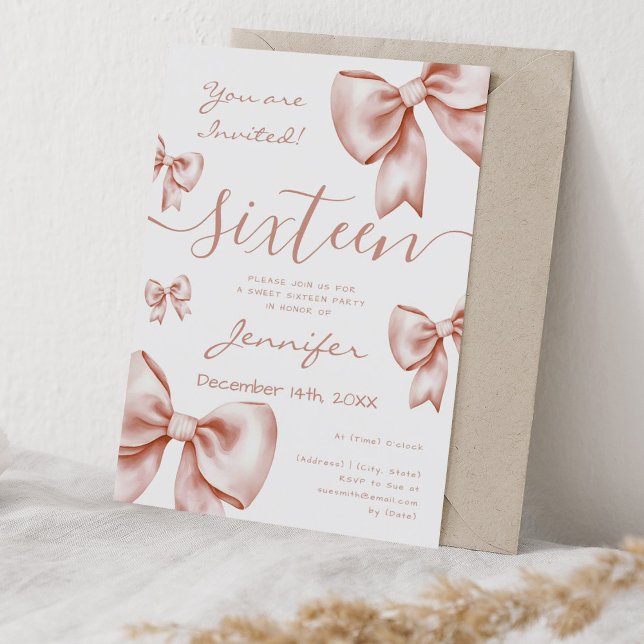 Classy Coquette Ro Guld Bow Sweet 16 Party Inbjudningar (Classy Coquette Rose Gold Bow Sweet 16 Party Invitation)