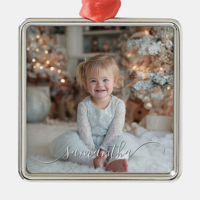 Classy Curved Swash Signature Holiday Photo Julgransprydnad Metall (Framsidan)