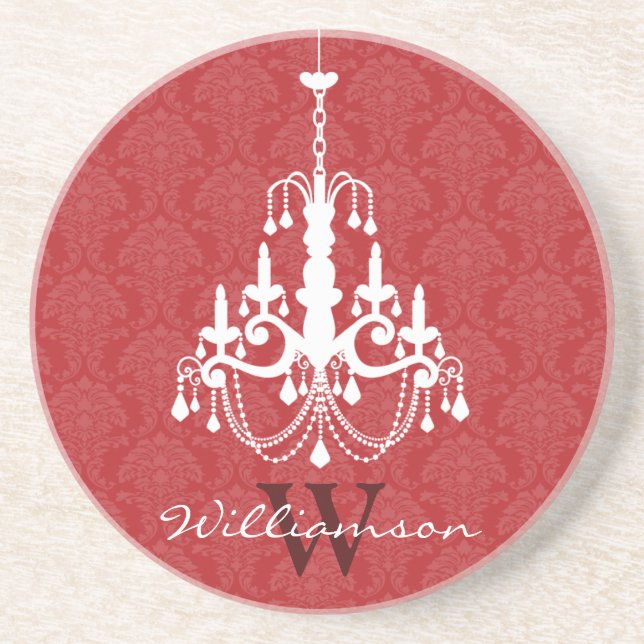 Classy Damask Chandelier Monogram Underlägg (rött) (Framsidan)