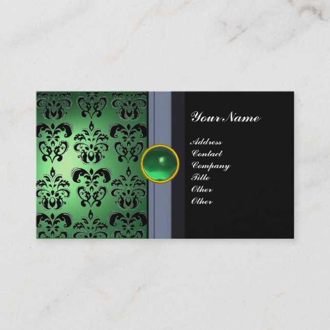 CLASSY DAMASK GEM MONOGRAM svart grönt Visitkort (Framsida)