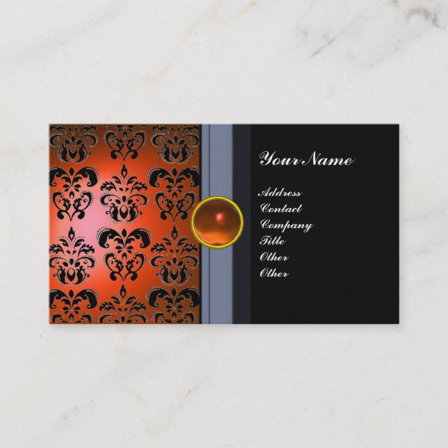 CLASSY DAMASK GEM MONOGRAM svart orange Visitkort (Framsida)