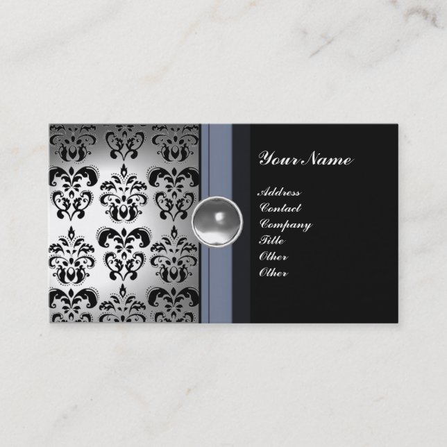 CLASSY DAMASK GEM MONOGRAM svart vitt Visitkort (Framsida)