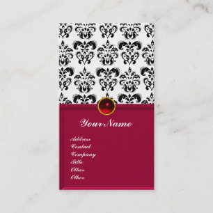 CLASSY DAMASK MONOGRAM Red burgundum platinum Visitkort