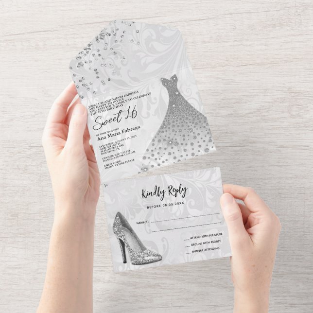 Classy Damask, Silver Stiletto & Gown Sweet 16 (Tearaway)