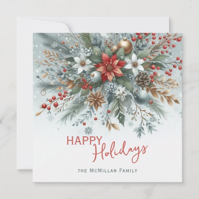 Classy Dark Red Teal Blue Green Floral Wreath Julkort (Framsida)