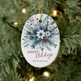 Classy Dark Teal Blue Red Floral Holiday Wreath Julgransprydnad Keramik