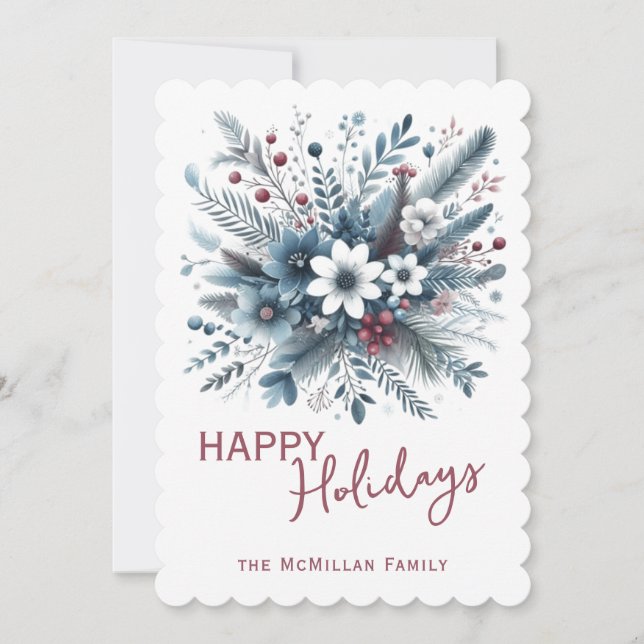Classy Dark Teal Blue Red Floral Holiday Wreath Julkort (Framsida)