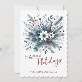 Classy Dark Teal Blue Red Floral Holiday Wreath Julkort