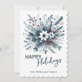 Classy Dark Teal Blue Red Floral Holiday Wreath Julkort