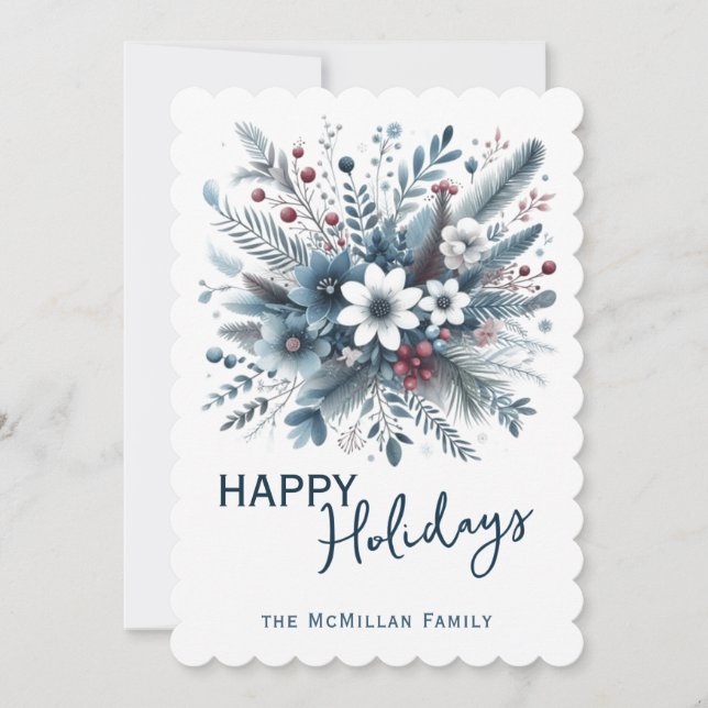 Classy Dark Teal Blue Red Floral Holiday Wreath Julkort (Framsida)