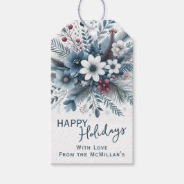 Classy Dark Teal Blue Red Floral Holiday Wreath Presentetikett