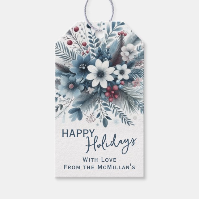 Classy Dark Teal Blue Red Floral Holiday Wreath Presentetikett (Framsidan)