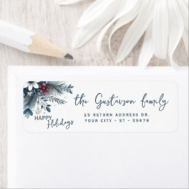 Classy Dark Teal Blue Red Floral Holiday Wreath Returadress Etikett