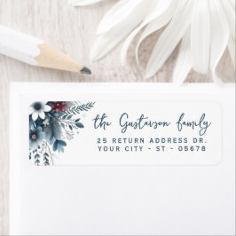 Classy Dark Teal Blue Red Floral Holiday Wreath Returadress Etikett