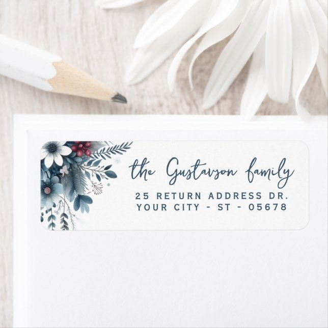 Classy Dark Teal Blue Red Floral Holiday Wreath Returadress Etikett (Insitu)