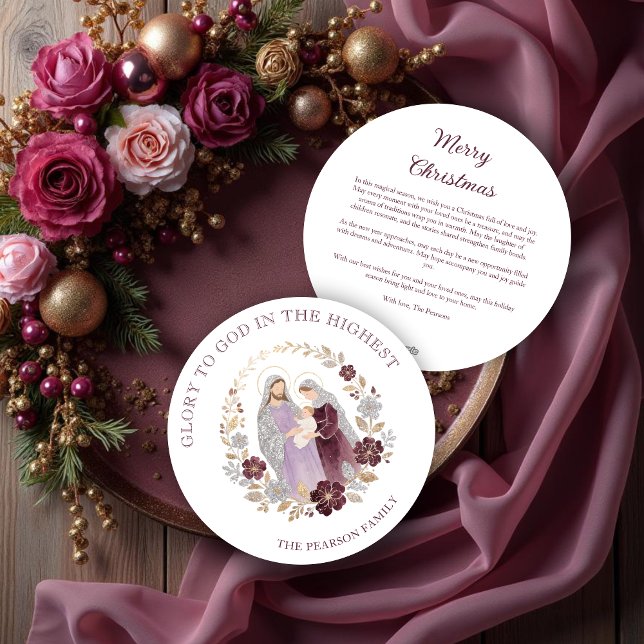 Classy Deep Plum Glitter Holy Nativity Christmas Julkort (Classy Deep Plum Glitter Shades Holy Family Nativity Holiday Cards.)