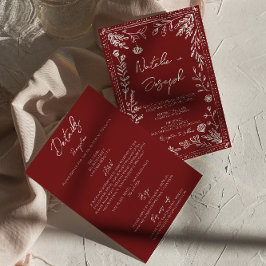 Classy Deep Red Blue Floral All In One Wedding Inbjudningar