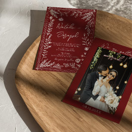 Classy Deep Red Blue Floral Modern Photo Wedding  Inbjudningar