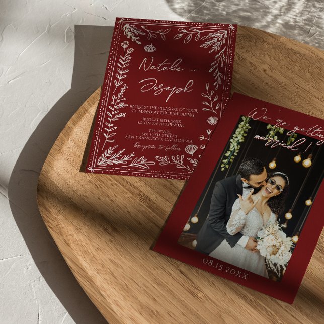 Classy Deep Red Blue Floral Modern Photo Wedding  Inbjudningar (Skapare uppladdad)