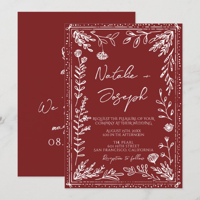Classy Deep Red Blue Floral Modern Wedding Inbjudningar (Fram/baksida)