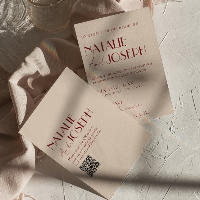 Classy Deep Red Blue QR Code Modern Wedding Inbjudningar (Skapare uppladdad)