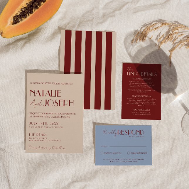 Classy Deep Red Blue Whimsical Modern Wedding Inbjudningar (Skapare uppladdad)