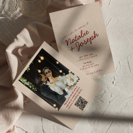 Classy Deep Red Whimsical QR Code Photo Wedding Inbjudningar