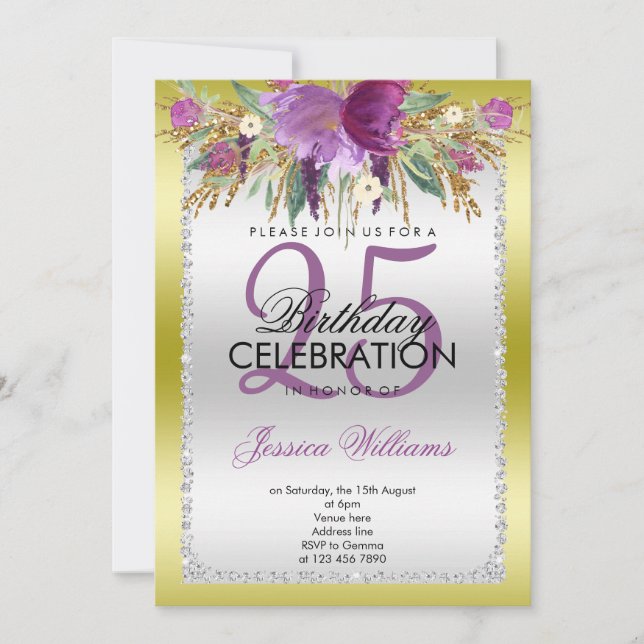 Classy Diamond Glitter Watercolor Flowers Birthday Inbjudningar (Framsida)
