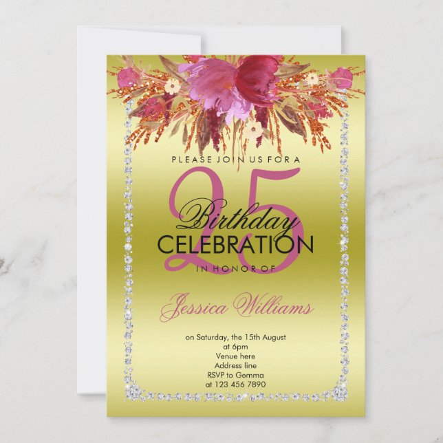 Classy Diamond Glitter Watercolor Flowers Birthday Inbjudningar (Framsida)
