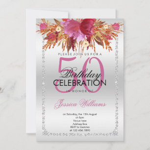 Classy Diamond Glitter Watercolor Flowers Birthday Inbjudningar