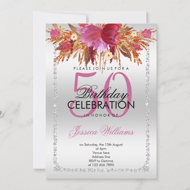Classy Diamond Glitter Watercolor Flowers Birthday Inbjudningar (Framsida)